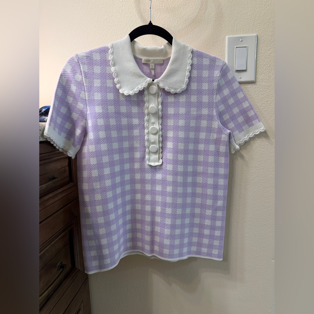 Maje woman’s Lavender Gingham Collared Knit Top with Scalloped Trim - Picture 3 of 8